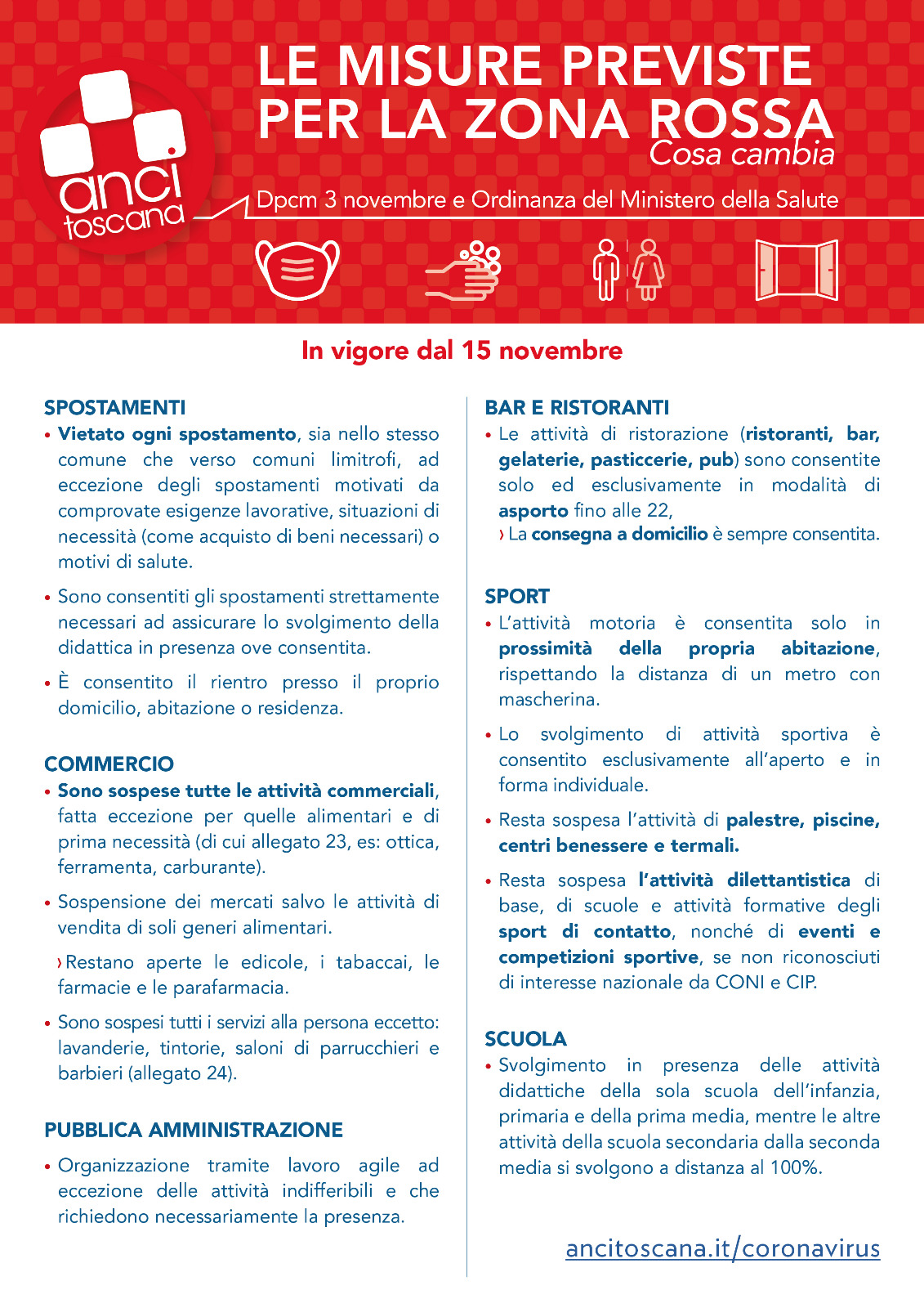 COVID-19: TOSCANA AREA  ROSSA. Da domenica 15 novembre cosa cambia