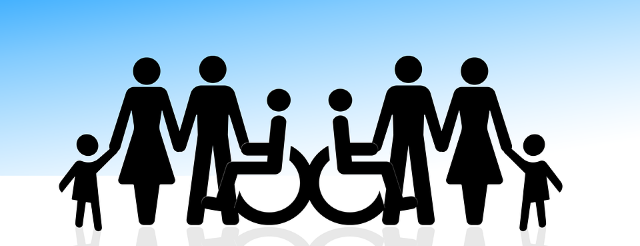 Immagine grafica con famiglia stilizzata e figli minori disabili