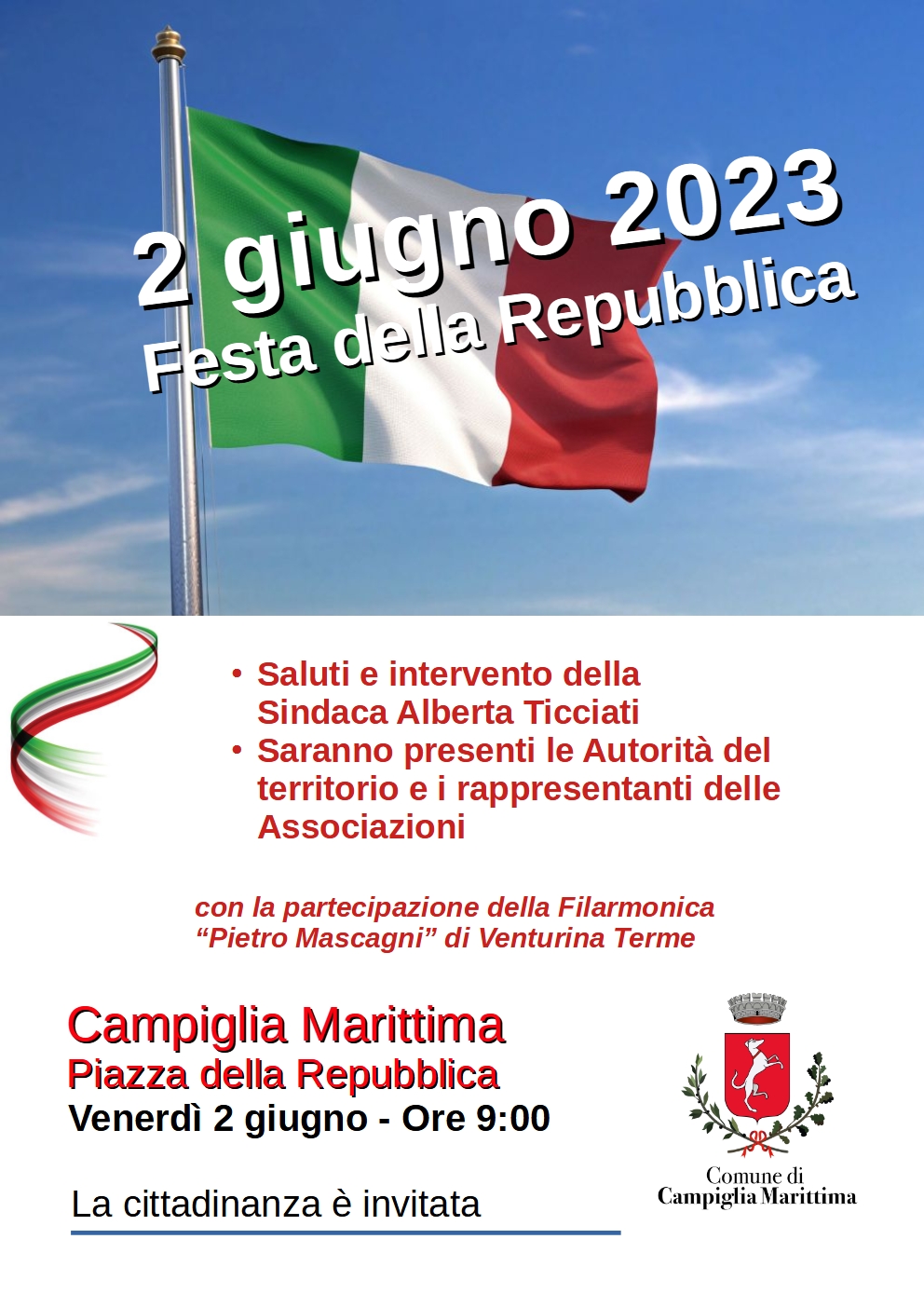 Volantino festa della repubblica con bandiera e programma descritto nella notizia