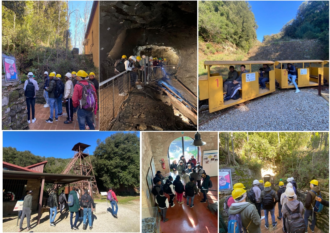 Un collage di foto della visita al parco archeominerario