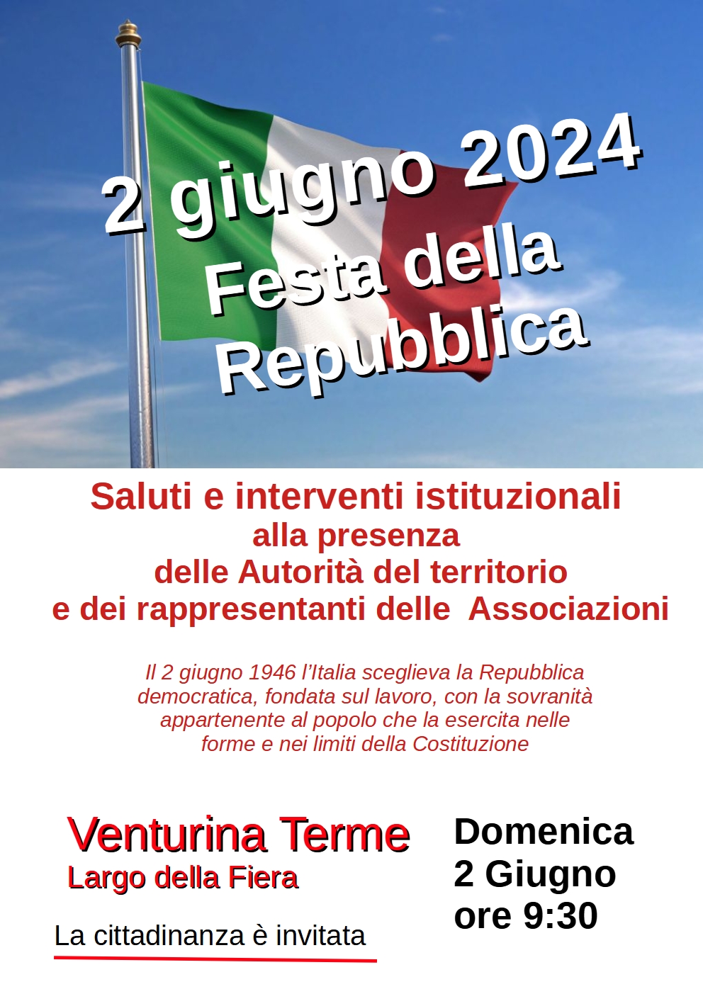 locandina del 2 giugno con programma e bandiera italiana