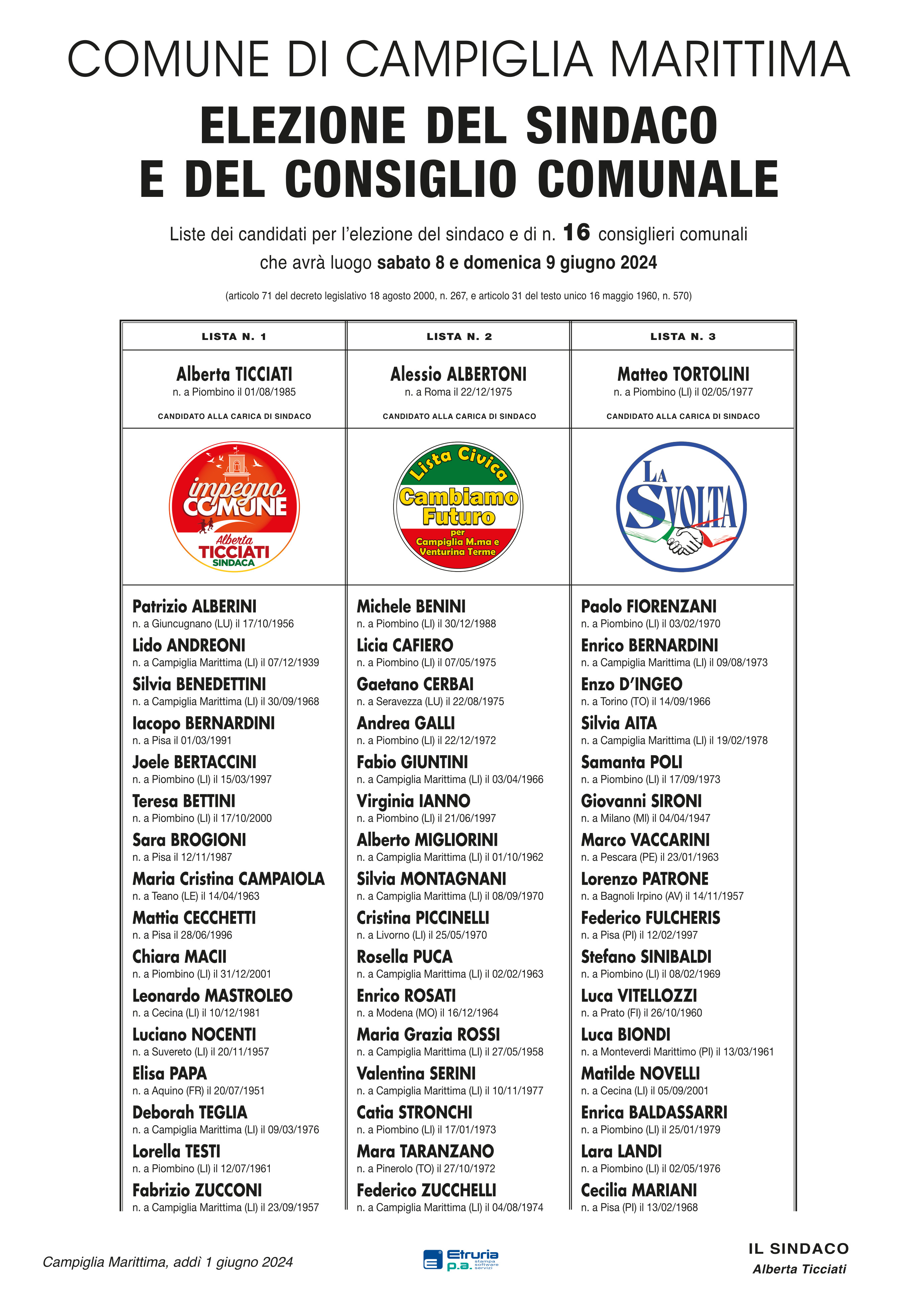 Manifesto con le liste dei candidati - scaricabile in pdf nel link sopra