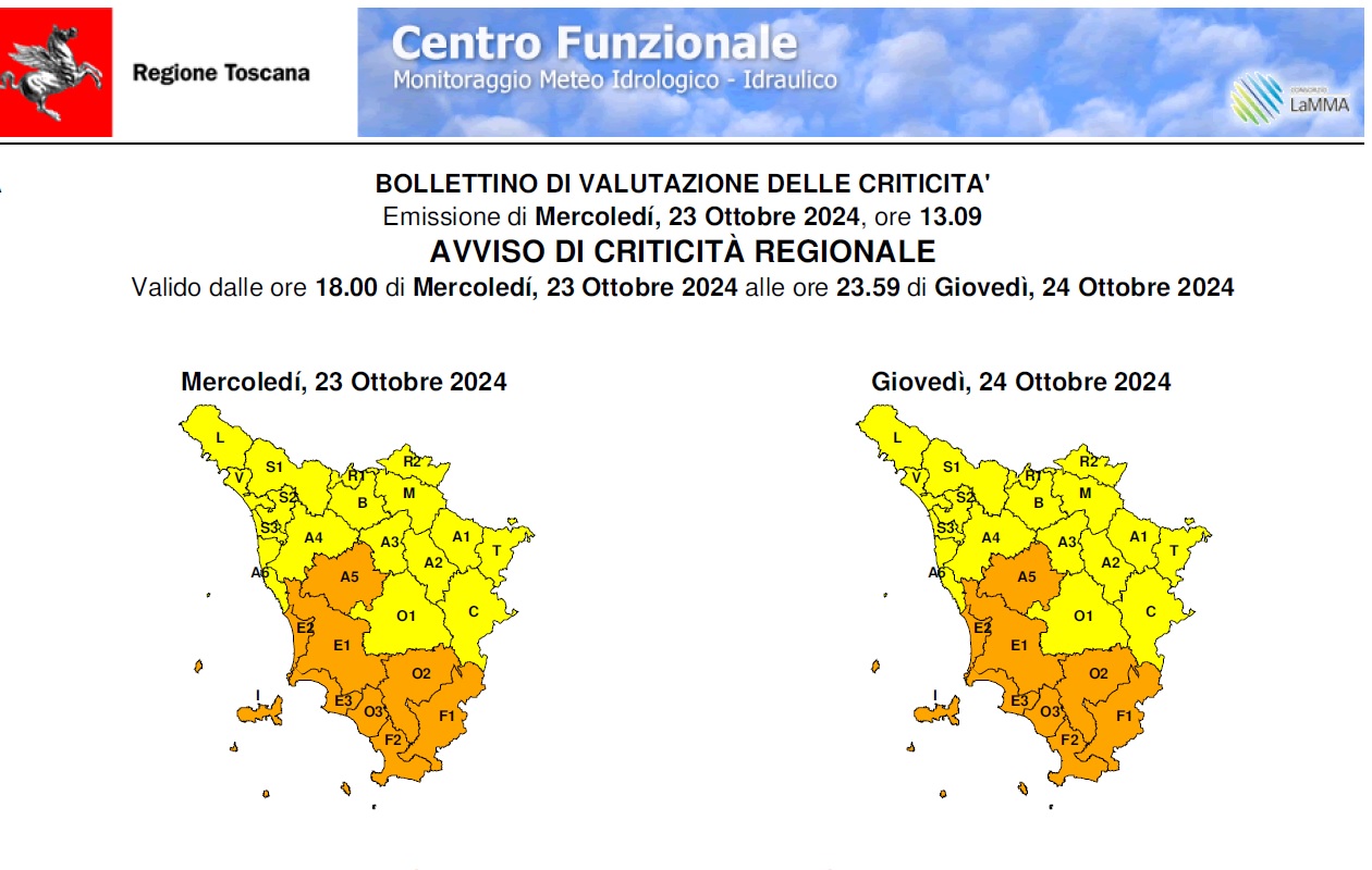 AGGIORNAMENTO ALLERTA METEO GIOVEDI\' 24  OTTOBRE CODICE ARANCIONE - INFO