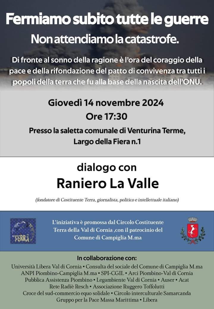Fermiamo subito tutte le guerre: iniziativa a Venturina Terme con Raniero La Valle